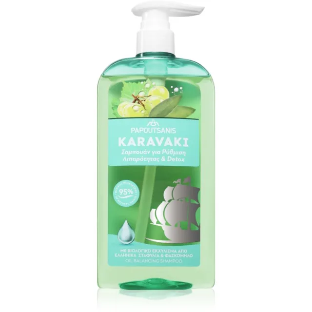 PAPOUTSANIS Karavaki Control & Detox šampon na mastnou a suchou pokožku hlavy 600 ml