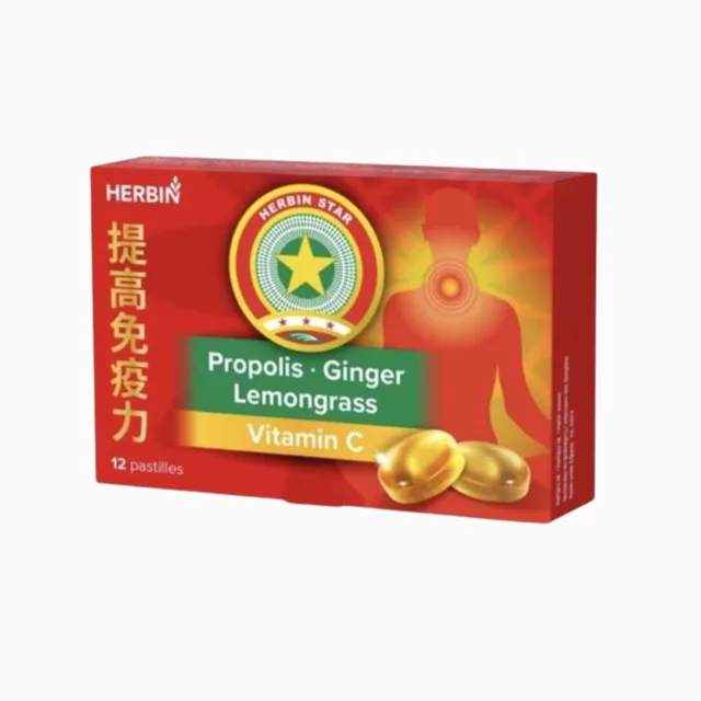 Pastilky/cukříky na cucání se zázvorem, propolisem a vitaminem C - 12 ks - Herbin