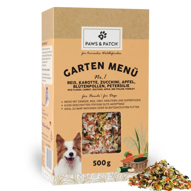 PAWS & PATCH Garden Menu pro psy - Č. 1: Rýže, mrkev, cuketa, jablko, pyl, petržel (500 g)