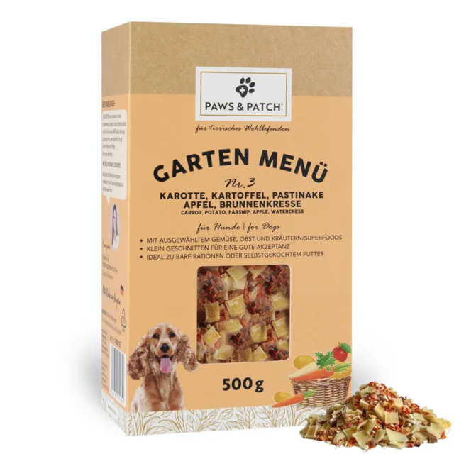 PAWS & PATCH Garden Menu pro psy - Č. 3: Mrkev, brambory, pastinák, jablko, řeřicha (500 g)