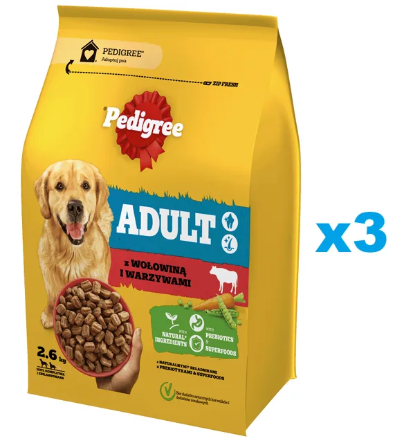 PEDIGREE Adult 3x2.6 kg s hovězím masem a zeleninou, kompletní krmivo pro dospělé psy velkých a středních plemen