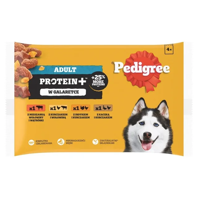 PEDIGREE Adult Protein+ kapsičky 4x85 g mokrá kompletní strava pro dospělé psy s mixem hovězího masa a jater, s kuřetem a hovězím masem, s krůtou a kuřetem, s kachnou a kuřetem v želé