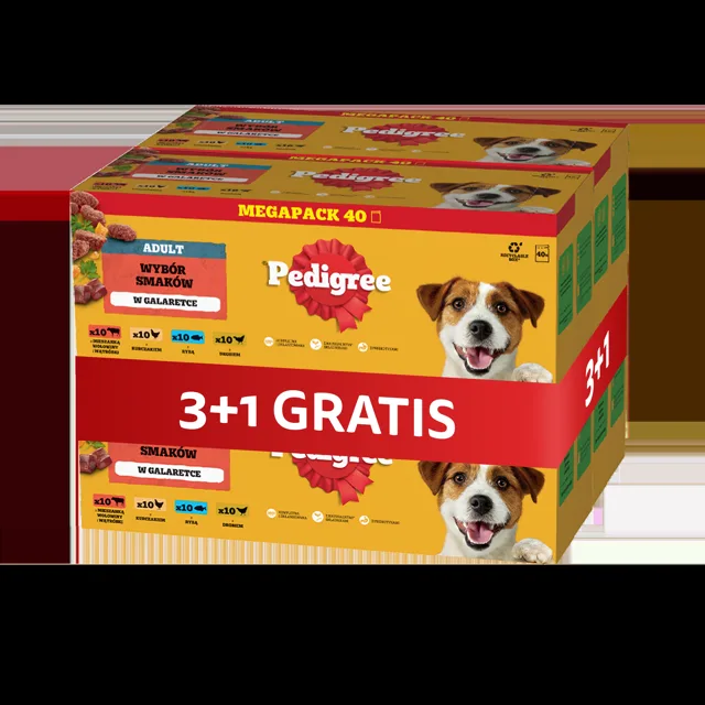 PEDIGREE Adult Selection of Flavors 4 x 40x100 g sáčky kompletní mokré krmivo pro dospělé psy, se směsí hovězího masa a jater, s kuřecím masem, s rybami, s drůbežím masem, v želé 3+1 ZDARMA