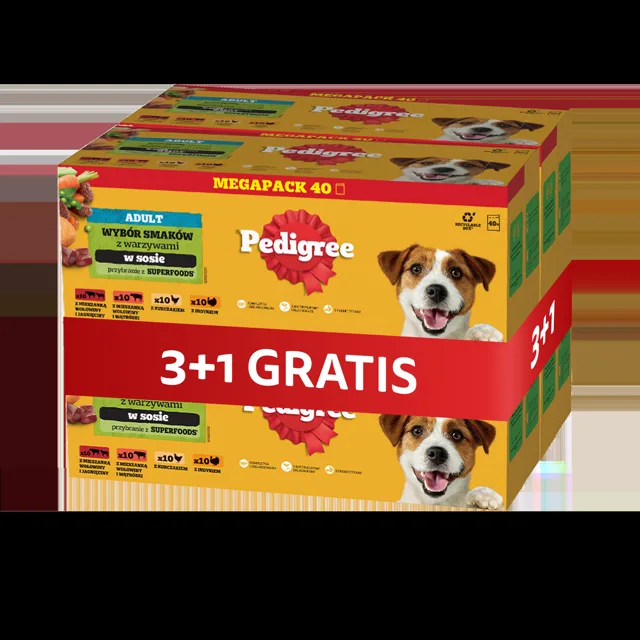 PEDIGREE Adult Selection of Flavors se zeleninou sáčky 4 x 40x100 g kompletní mokré krmivo pro dospělé psy, se směsí hovězího a jehněčího masa, se směsí hovězího masa a jater, s kuřecím masem, s krůtím masem, v omáčce 3+1 ZDARMA