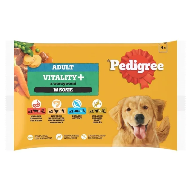 PEDIGREE Adult Vitality+ se zeleninou kapsičky 4x85 g mokré krmivo plnohodnotné pro dospělé psy s hovězím masem a játry, mrkví a hráškem, s kuřecím masem a bramborami, s rybou a mrkví, s drůbežím masem, mrkví a hráškem v omáčce