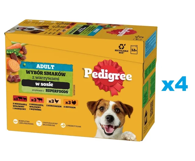 PEDIGREE Adult Výběr příchutí se zeleninou v omáčce, kapsičky 48x100g mokré krmivo pro dospělé psy s kuřecím, hovězím, krůtím, jehněčím masem