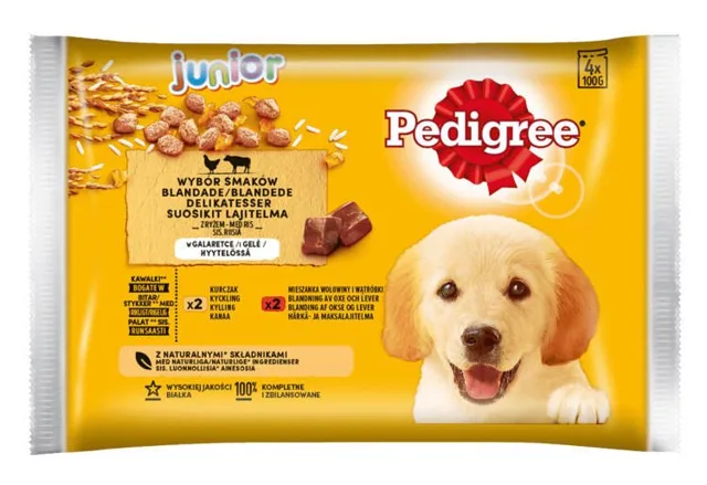 PEDIGREE Junior Různé příchutě s rýží 4x100g kapsička v želé kuřecí a hovězí