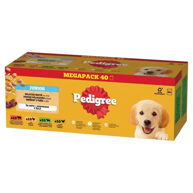 PEDIGREE Junior Výběr chutí s rýží kapsičky 40x100 g mokré krmivo plnohodnotné pro štěňata kousky s mixem hovězího masa a játry a rýží, s kuřecím masem a rýží, s mixem jehněčího masa a játry a rýží, s drůbežím masem a rýží v želé