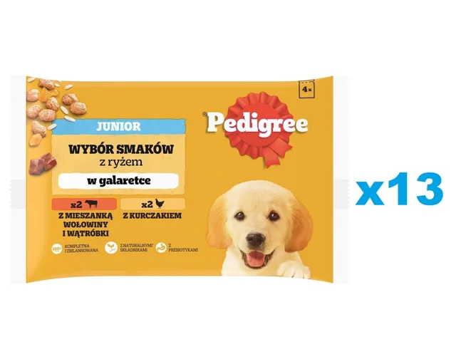 PEDIGREE Junior Výběr příchutí s rýží kapsičky 52x100g mokré krmivo pro štěňata v želé s kuřecím a hovězím masem