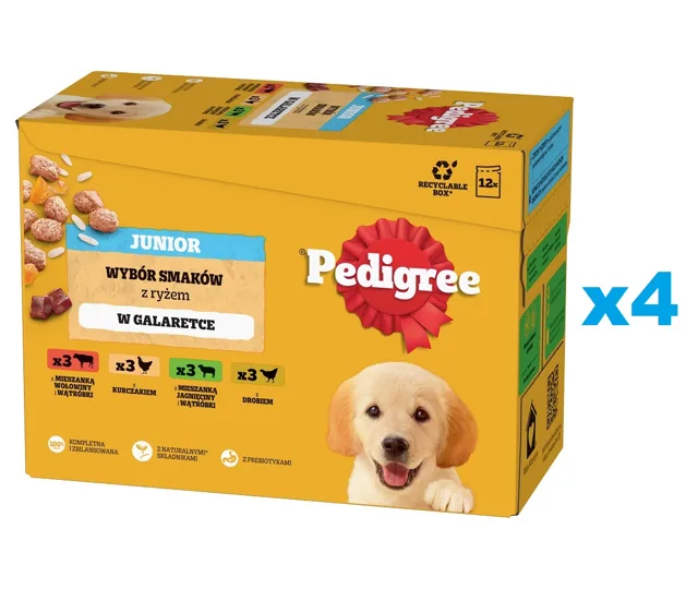 PEDIGREE Junior Výběr příchutí s rýžovými kapsičky 48x100g mokré krmivo pro štěňata v želé s kuřecím, jehněčím, drůbežím a hovězím masem