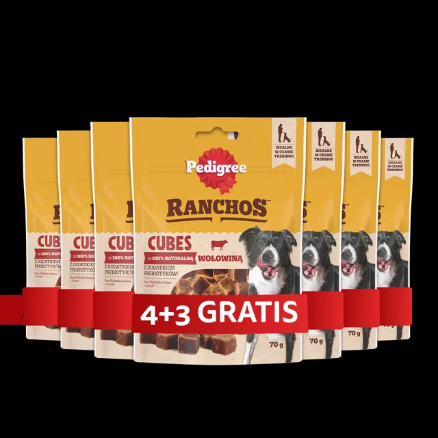 PEDIGREE Ranchos Cubes 7 x 70 g Doplňkové krmivo pro dospělé psy s hovězím masem 4+3 ZDARMA