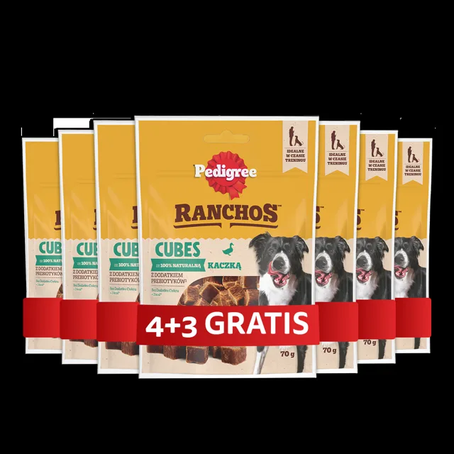 PEDIGREE Ranchos Cubes 7 x 70 g Doplňkové krmivo pro dospělé psy s kachnou 4+3 ZDARMA