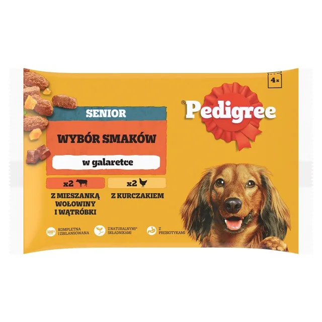 PEDIGREE Senior Výběr Chutí kapsičky 4x100 g mokrá kompletní strava pro dospělé psy s mixem hovězího masa a játry, s kuřetem v želé