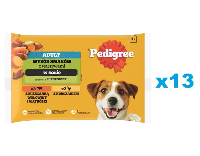 PEDIGREE Výběr příchutí se zeleninou v omáčce 52x100g mokrého krmiva pro psy kousky bohaté na kuřecí maso a bohaté na směs hovězího a jater
