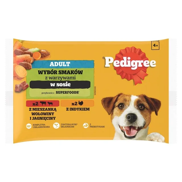PEDIGREE Výběr příchutí v omáčce 4x100g hovězí a jehněčí, krůtí a mrkev