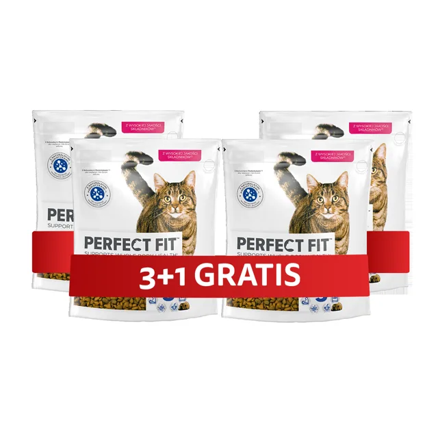 PERFECT FIT Adult 1+ 4 x 750 g Kompletní krmivo pro dospělé kočky bohaté na čerstvého lososa 3+1 ZDARMA
