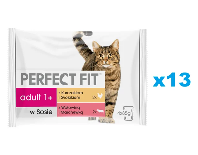 PERFECT FIT Adult 52x85g kapsiček krmiva pro kočky v omáčce s kuřecím masem a hráškem, s hovězím masem a mrkví