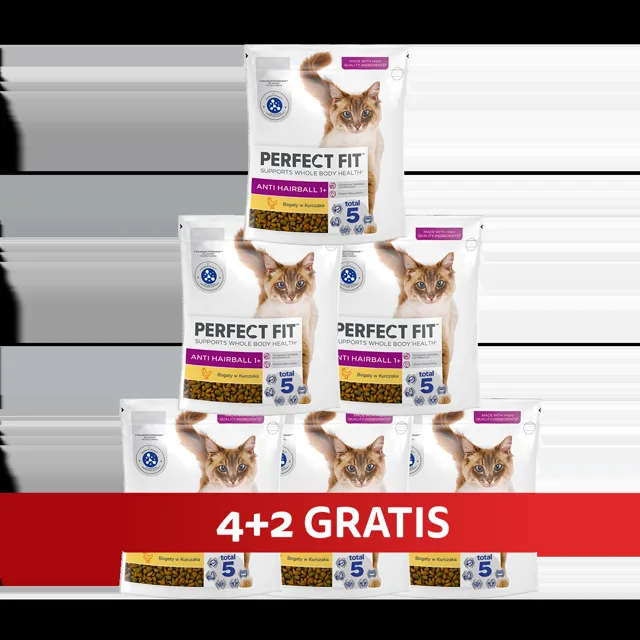 PERFECT FIT Antihairball 1+ 6 x 750 g Kompletní krmivo pro dospělé kočky s vysokým obsahem kuřete 4+2 ZDARMA