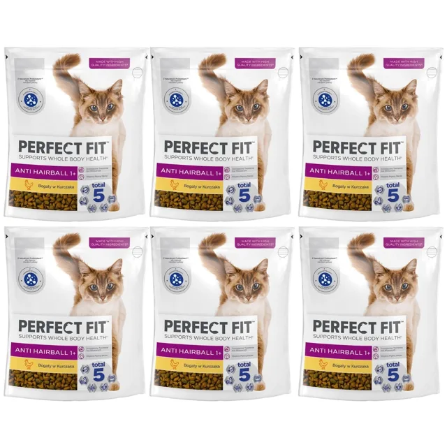 PERFECT FIT Antihairball 1+ 6x750 g Kompletní krmivo pro dospělé kočky, bohaté na kuřecí maso