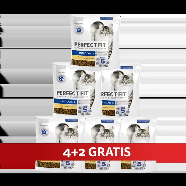 PERFECT FIT Indoor 1+ 6 x 750 g Kompletní krmivo pro dospělé kočky s vysokým obsahem kuřete 4+2 ZDARMA