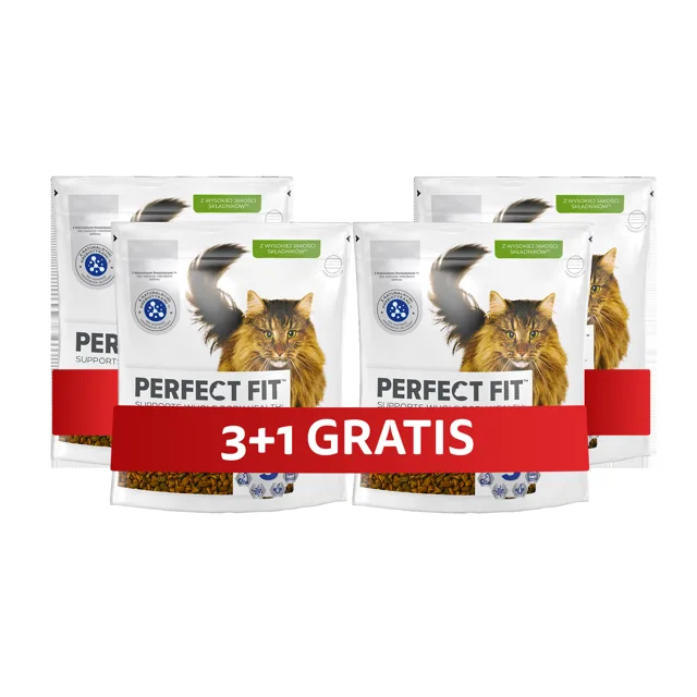 PERFECT FIT Senior 7+ 4 x 750 g sucha karma pełnoporcjowa dla starszych kotów bogata w kurczaka 3+1 GRATIS