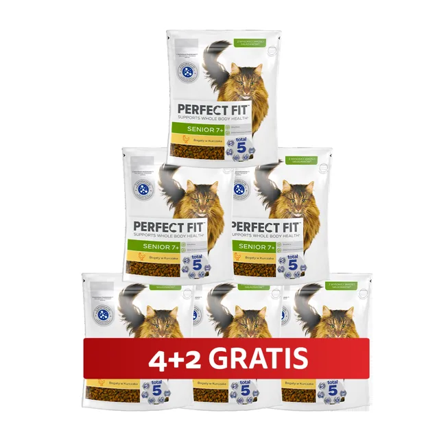 PERFECT FIT Senior 7+ 6 x 750 g Kompletní krmivo pro starší kočky s vysokým obsahem kuřete 4+2 ZDARMA