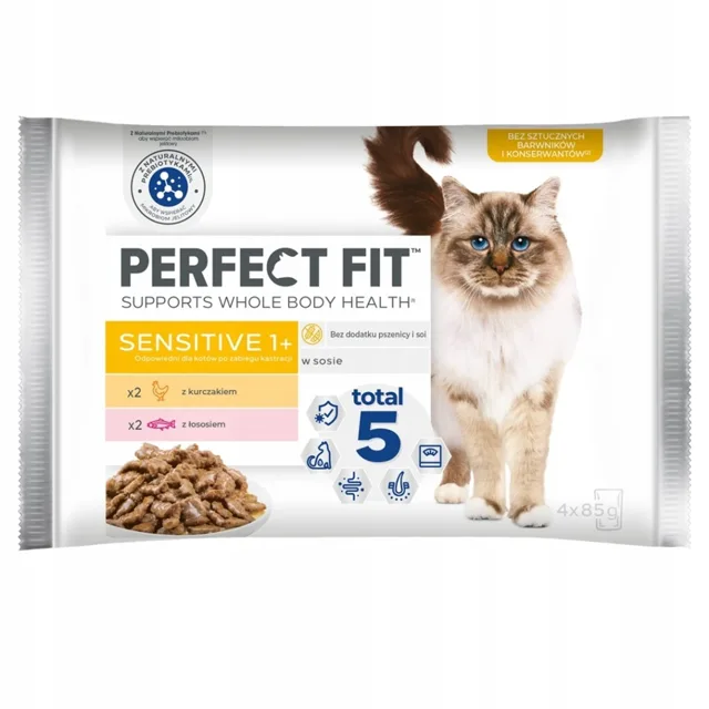 PERFECT FIT Sensitive 1+ 4x85 g s kuřetem a lososem v omáčce pro citlivé kočky