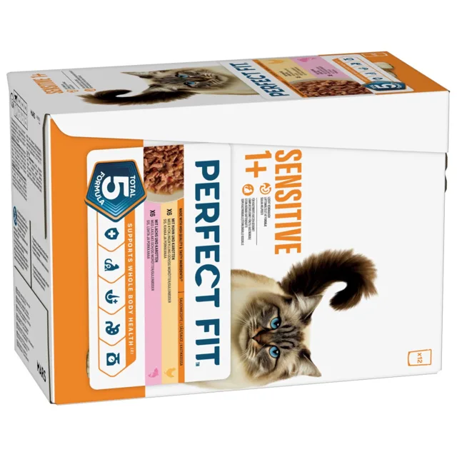 Perfect Fit Sensitive 1+ - výhodné balení: kuřecí a losos (48 x 85 g)