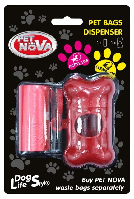 PET NOVA Dávkovač na sáčky na exkrementy + role sáčků 20 ks červený