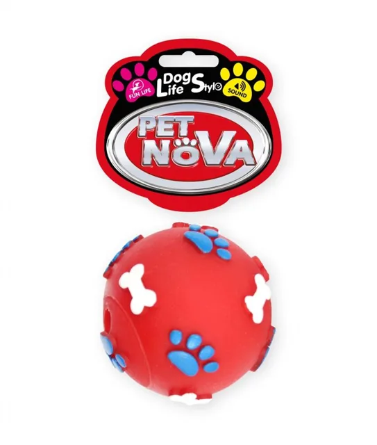 PET NOVA DOG LIFE STYLE Míč se vzorem chodidel a kostí 6 cm červený