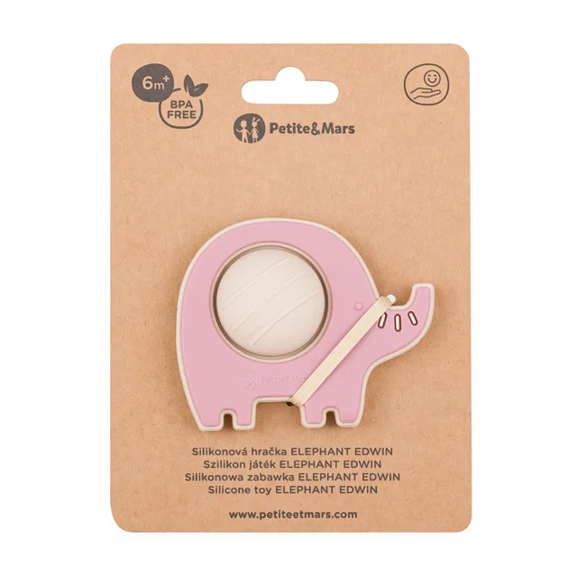 Petite&Mars Elephant Edwin 6m+ silikonová hračka 1 ks dusty rose
