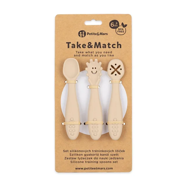 Petite&Mars Set 3 ks silikonových tréninkových lžiček Take&Match Desert Sand 6m+