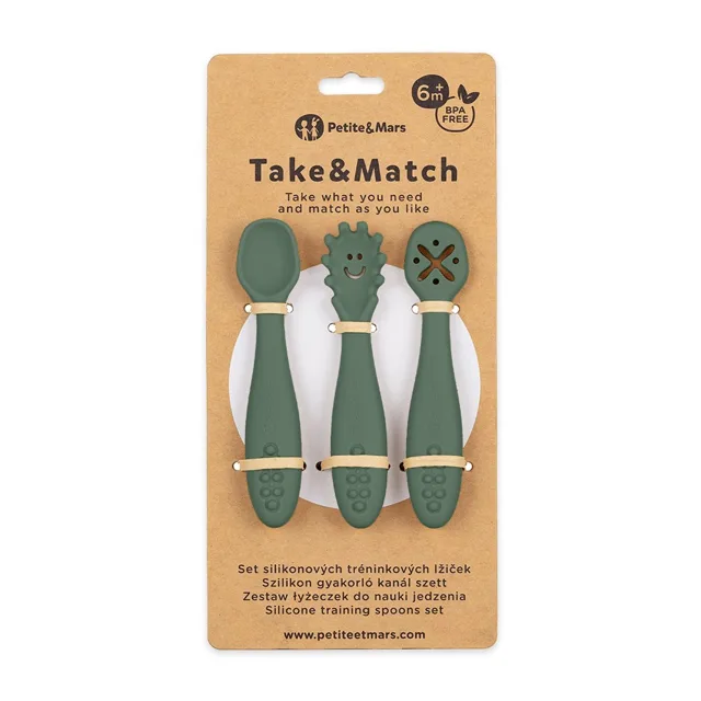 Petite&Mars Set 3 ks silikonových tréninkových lžiček Take&Match  Misty Green 6m+