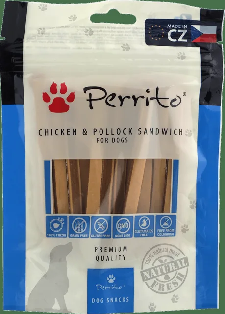 Pochoutka Perrito Sušený kuřecí a tresčí sendvič pro psy 100 g