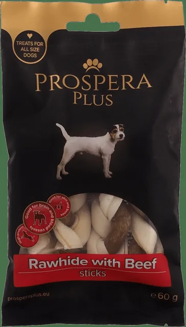 Pochoutka Prospera Plus Surová kůže s hovězím pletená tyčinka 4ks 7,5cm