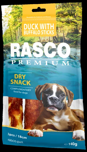 Pochoutka Rasco Premium 3 tyčinky bůvolí 18cm obalené kachním masem 140g