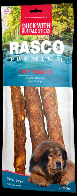 Pochoutka Rasco Premium 3 tyčinky bůvolí 27cm obalené kachním masem 250g