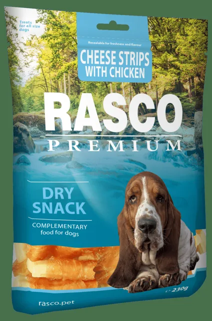 Pochoutka Rasco Premium proužky sýru obalené kuřecím masem 230g