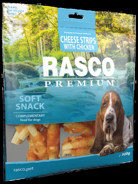 Pochoutka Rasco Premium proužky sýru obalené kuřecím masem 500g