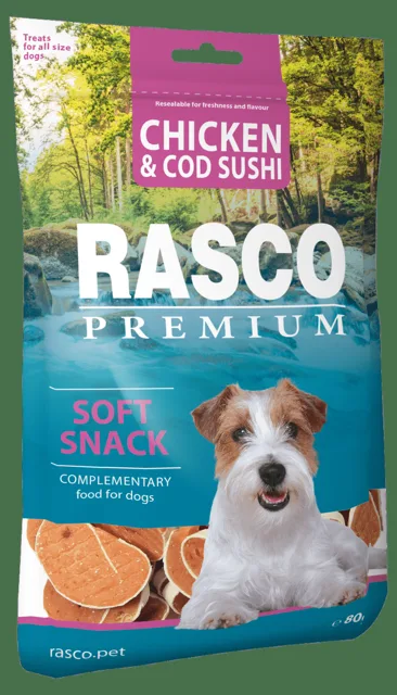 Pochoutka Rasco Premium sushi z tresky a kuřete 80g