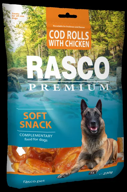 Pochoutka Rasco Premium tresčí rolky obalené kuřecím masem 230g