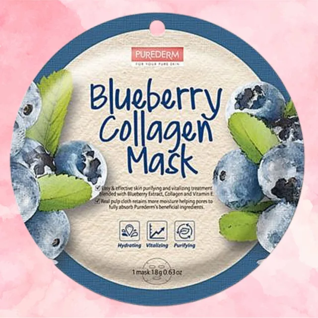 PUREDERM - Blueberry Collagen Mask-C - Čisticí a zpevňující plátýnková maska s extraktem z borůvek - 18 g