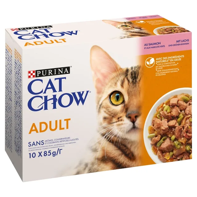PURINA CAT CHOW Adult Multipack Losos a zelené fazolky v želé 10x85 g