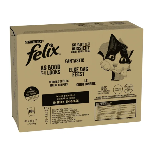 Purina Felix Fantastic hovězí, kuře, tuňák, treska v želé kapsičky pro kočky 80x85 g
