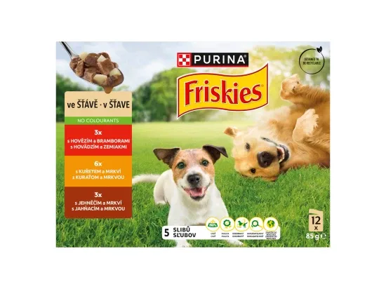 PURINA FRISKIES Adult výběr s hovězím, kuřetem a jehněčím ve šťávě 12 x 85 g