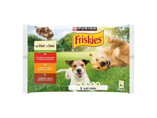 PURINA FRISKIES Adult výběr s hovězím, kuřetem a jehněčím ve šťávě 4 x 85 g