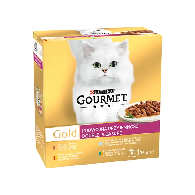 Purina Gourmet Gold hovězí a kuře, králík a játra, mořské ryby, kachna a krůta konzervy pro kočky 8x85 g