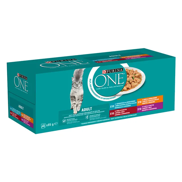 Purina ONE Adult kapsičky 40 x 85 g - jehněčí, mořské ryby, kuře, hovězí ve šťávě