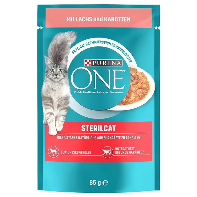 Purina One Adult Sterilised kapsičky a konzervy - losos, mrkev, krůta, špenát (v želé) - 24 x 85 g