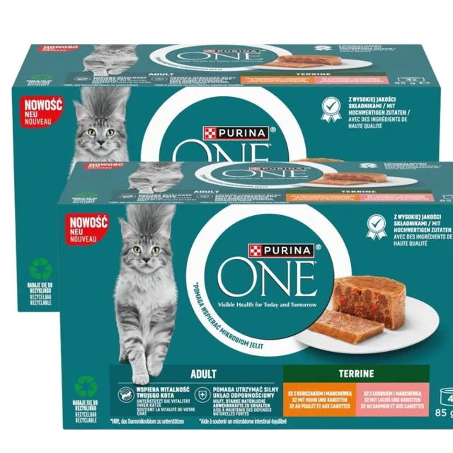 PURINA ONE Adult Terrine 8x85g s kuřetem a mrkví a s lososem a mrkví, mokré krmivo pro kočky